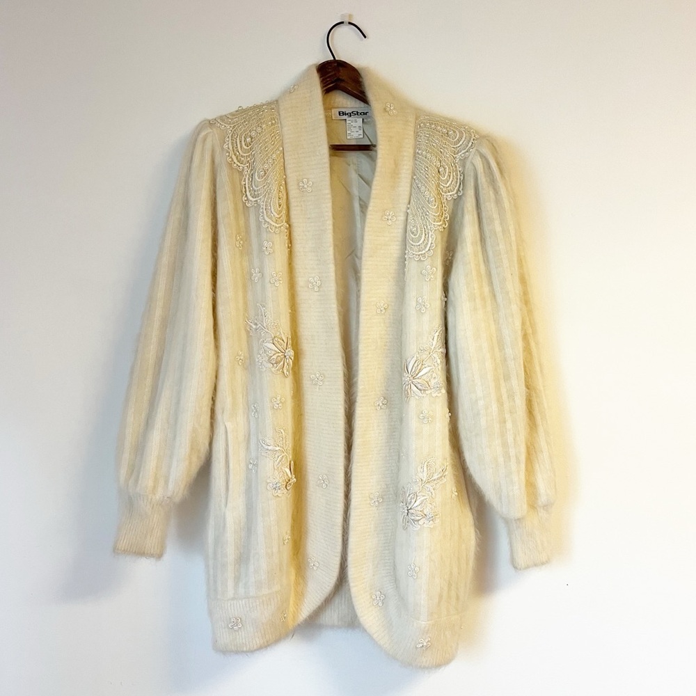 VINTAGE Big Star Oversized Rabit Fur Cardigan Ivory, Embellished